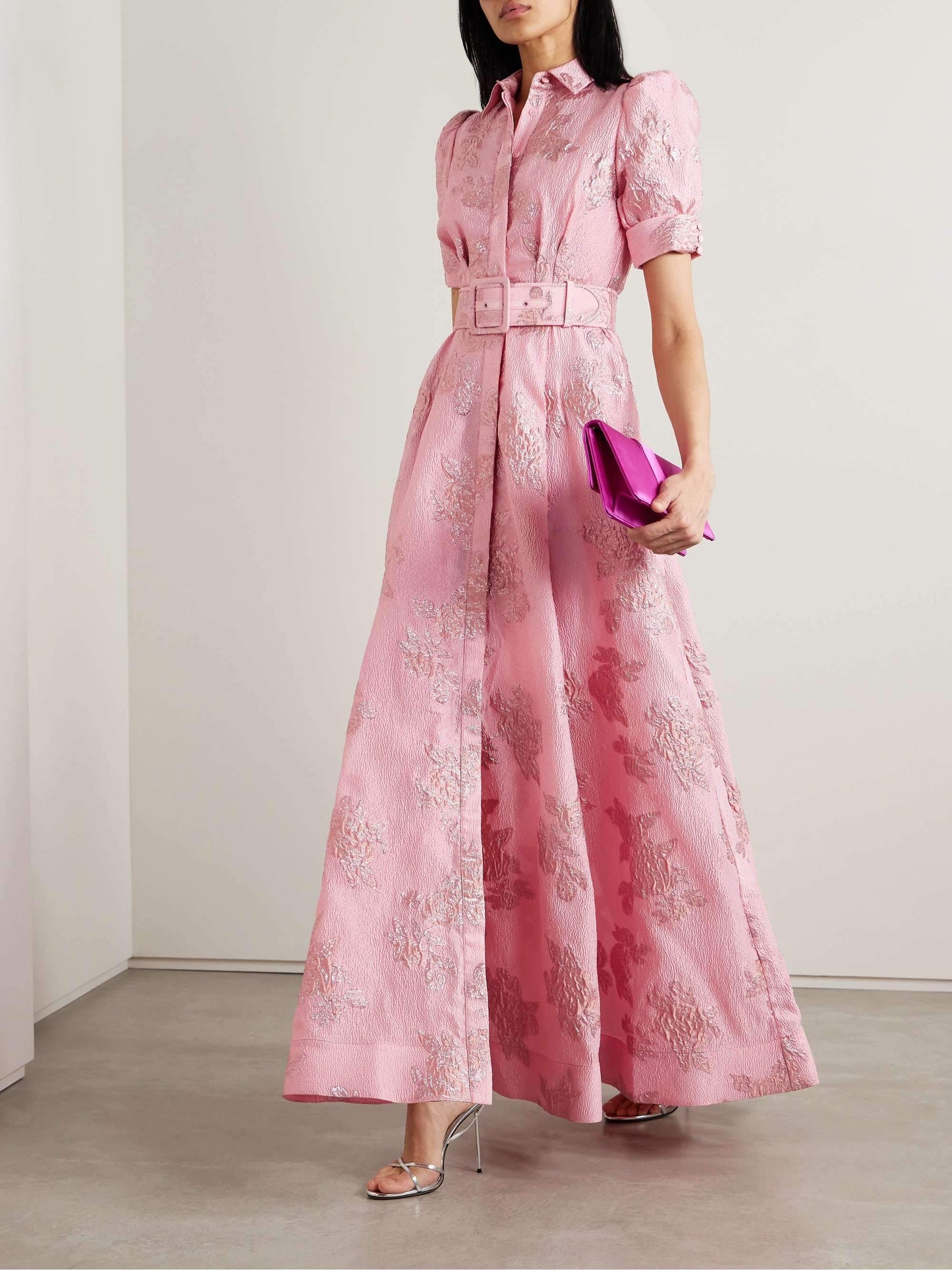 Pink Waist-cinching Button-down Maxi Dress