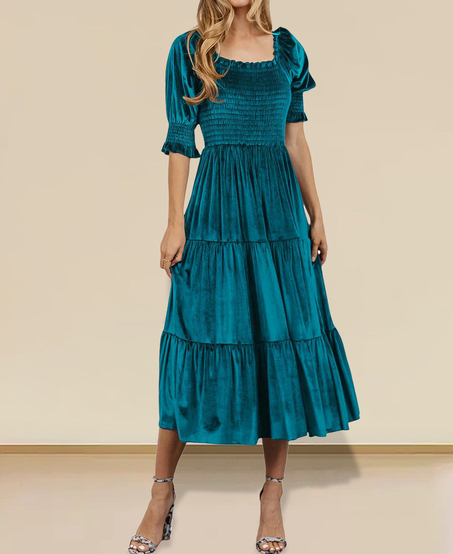 Puff Sleeve Square Neck Smocked Tiered Ruffle Midi Dress