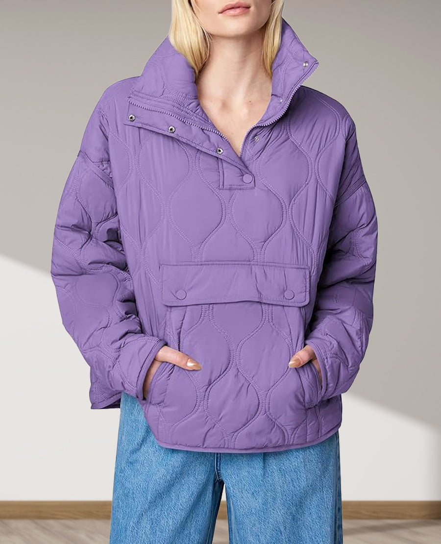 Puffer Sleeve Pullover Quilted Pocket Jacket