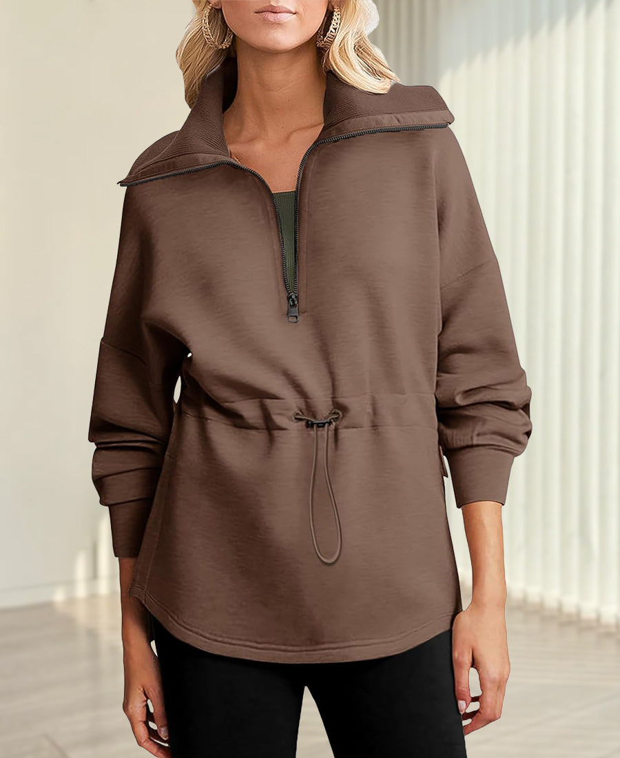 Casual Half Zip Drawstring Waist Long Sleeve Pullover