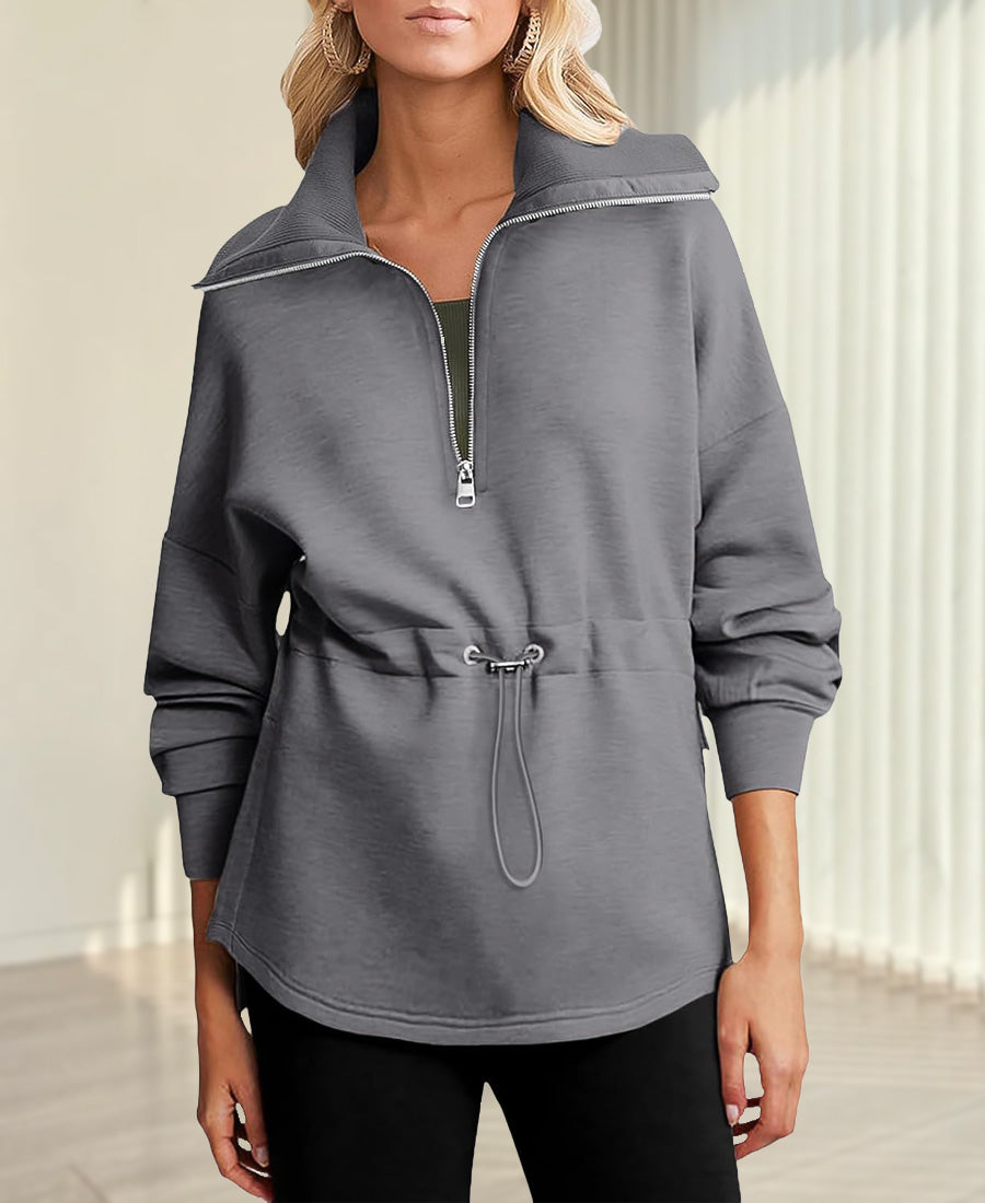 Casual Half Zip Drawstring Waist Long Sleeve Pullover