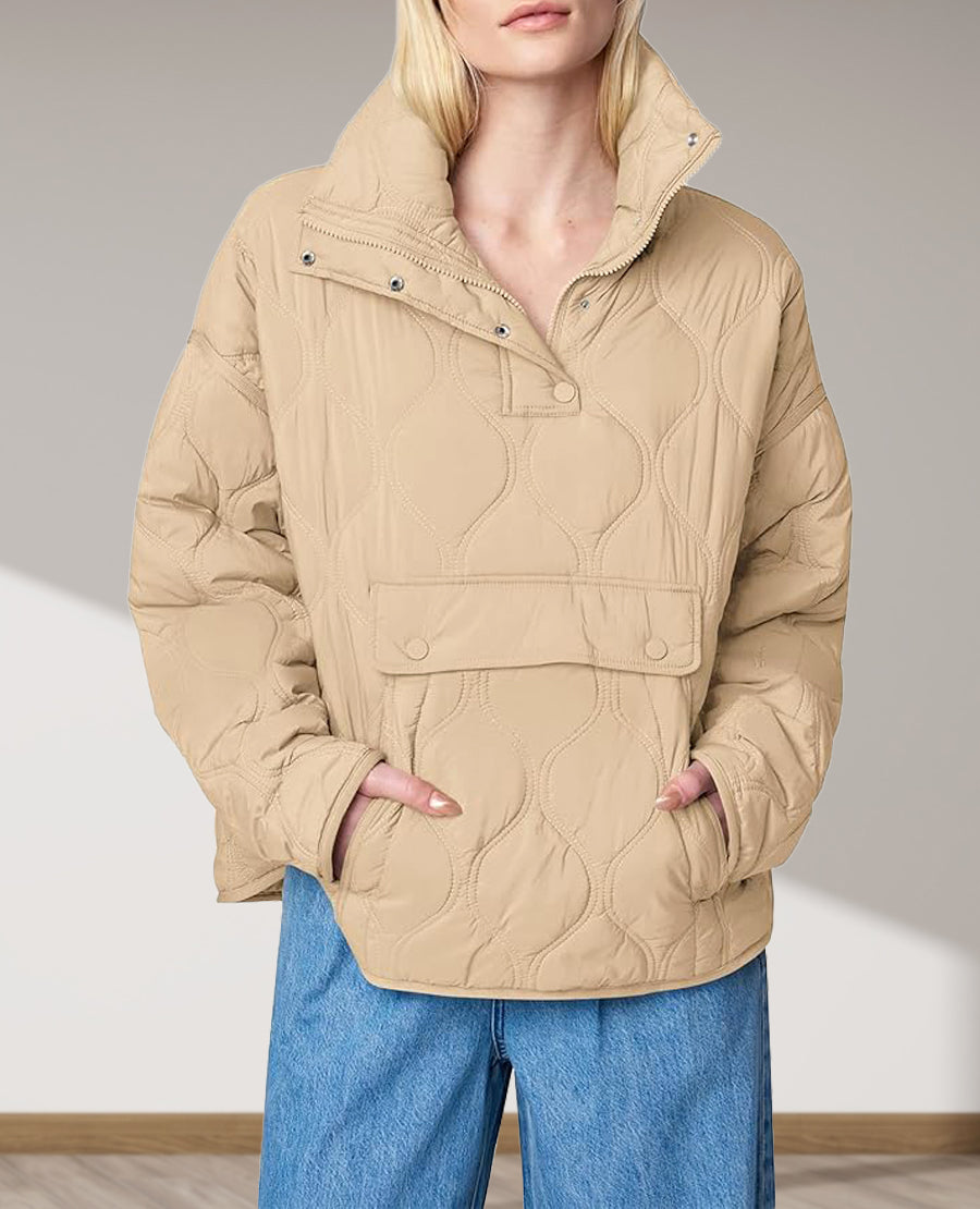 Puffer Sleeve Pullover Quilted Pocket Jacket