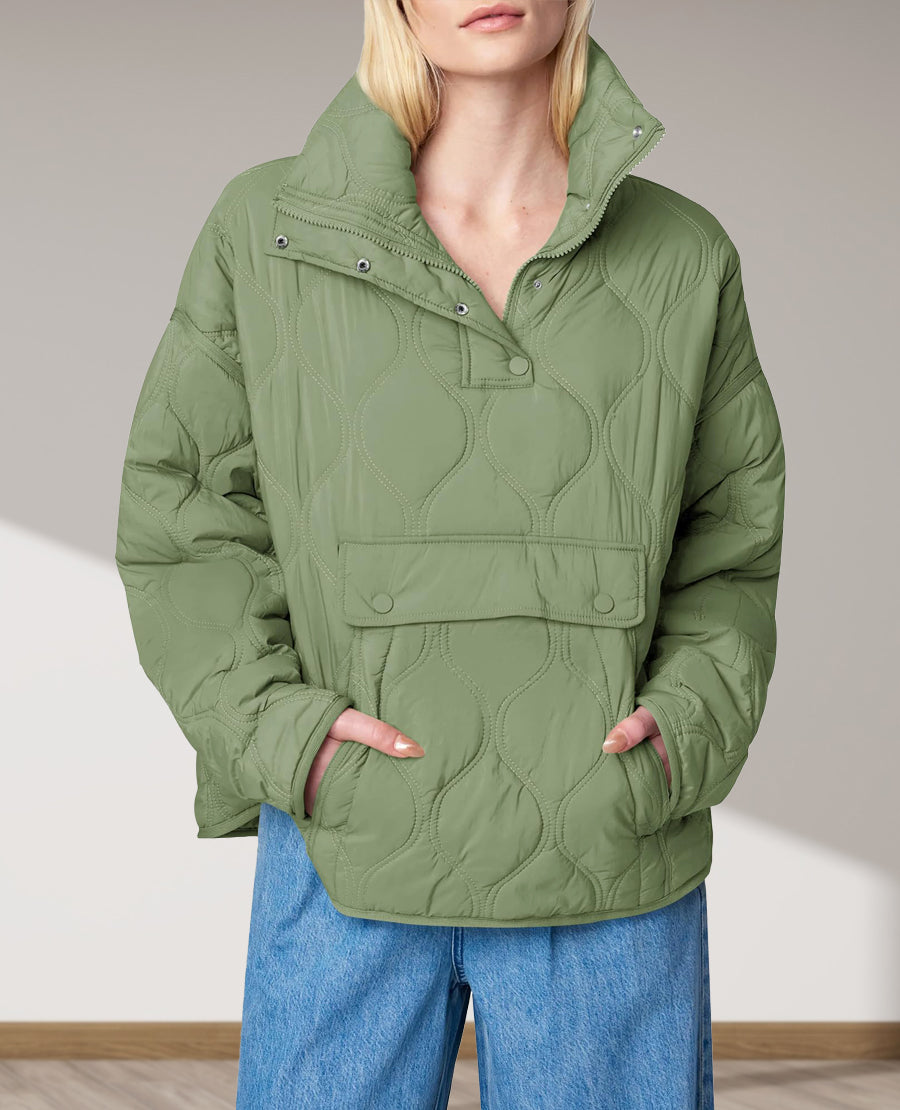 Puffer Sleeve Pullover Quilted Pocket Jacket