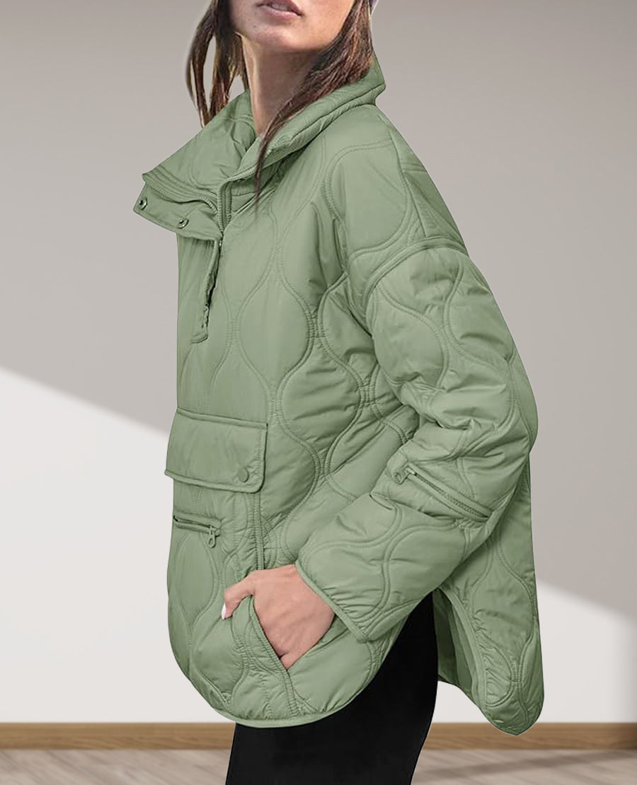 Puffer Sleeve Pullover Quilted Pocket Jacket