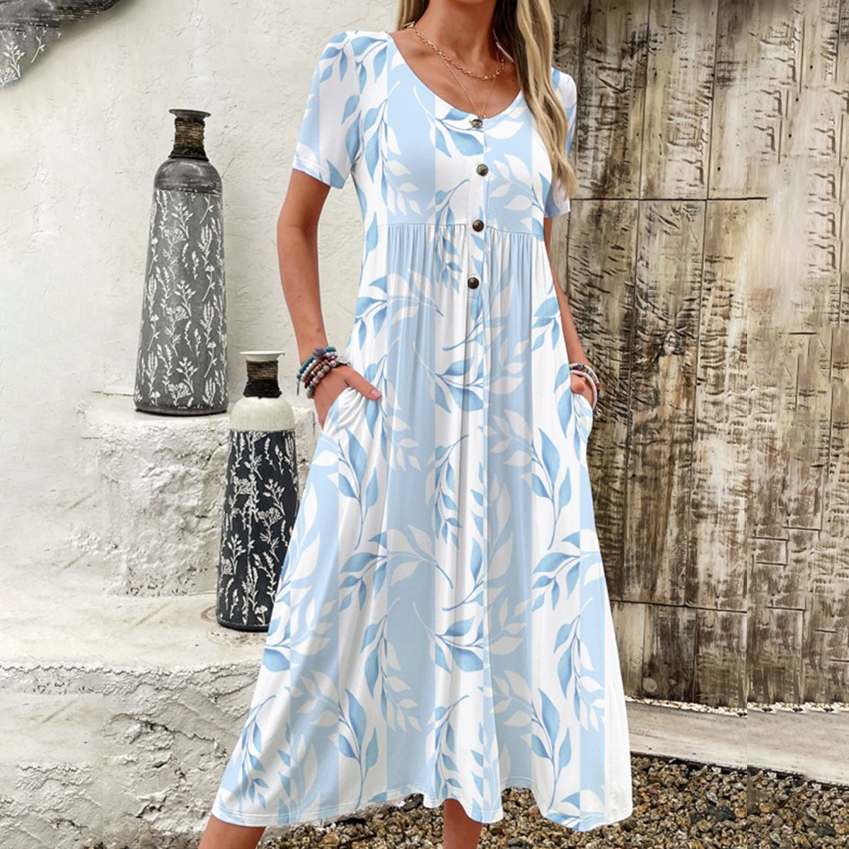 Fresh Plant Print Short Sleeve Midi Dress