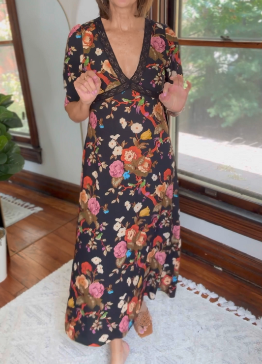 Elegant Floral Printed V-Neck Maxi Dress