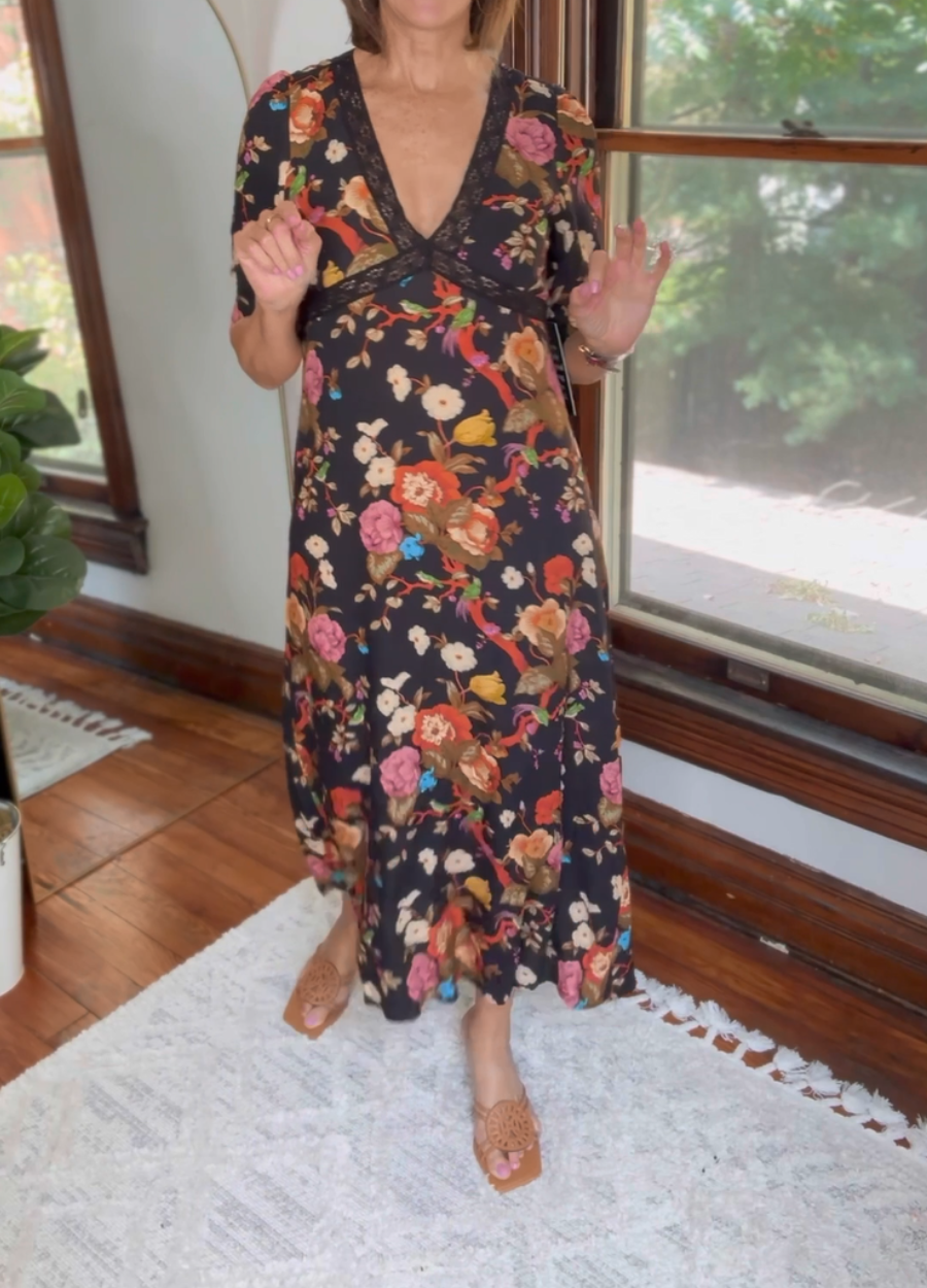 Elegant Floral Printed V-Neck Maxi Dress