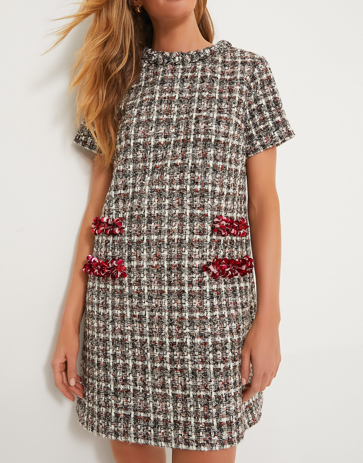 Stylish Round Neck Tweed Mini Dress