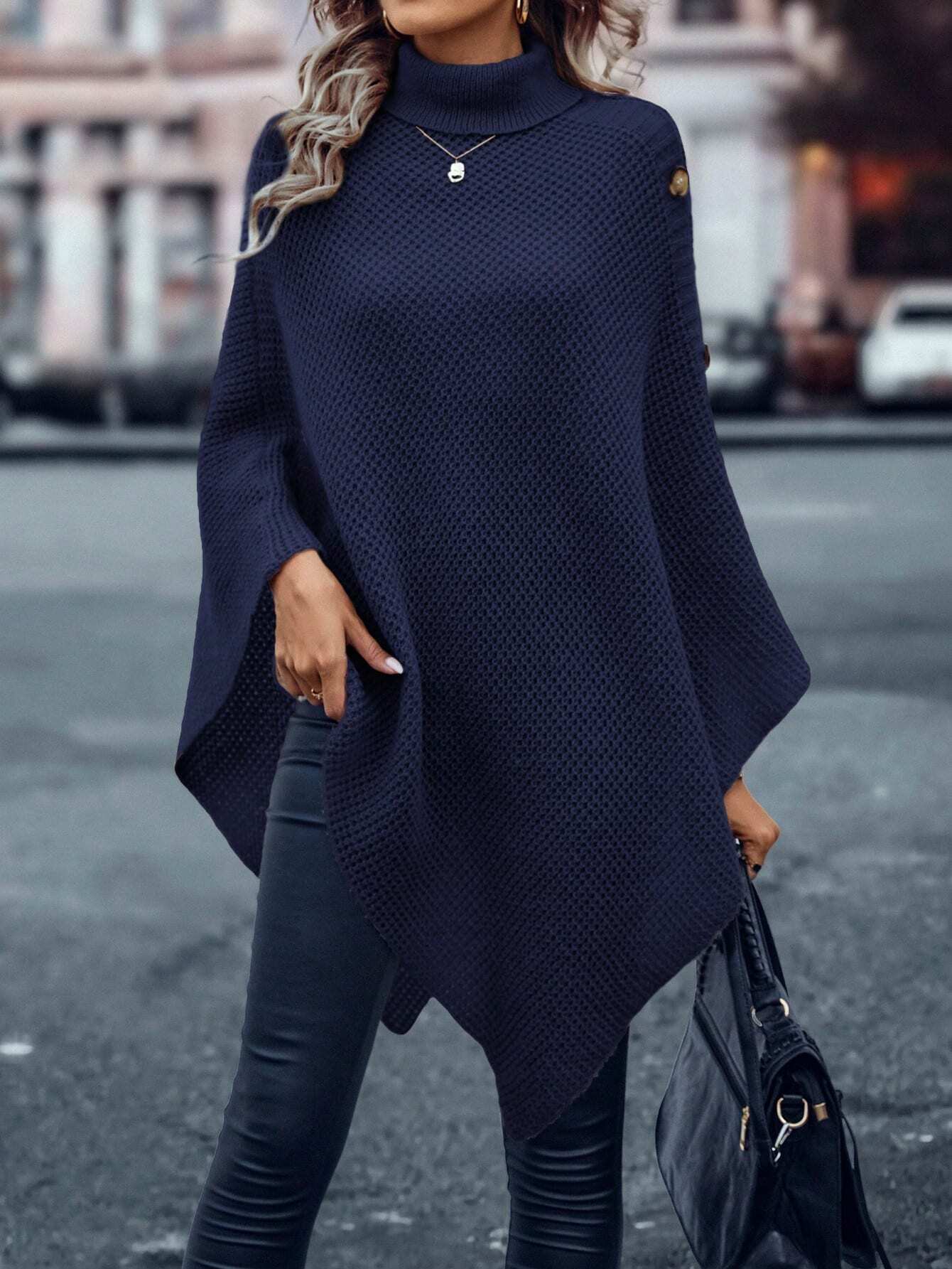 Stylish Solid Color Turtleneck Button Casual Sweater