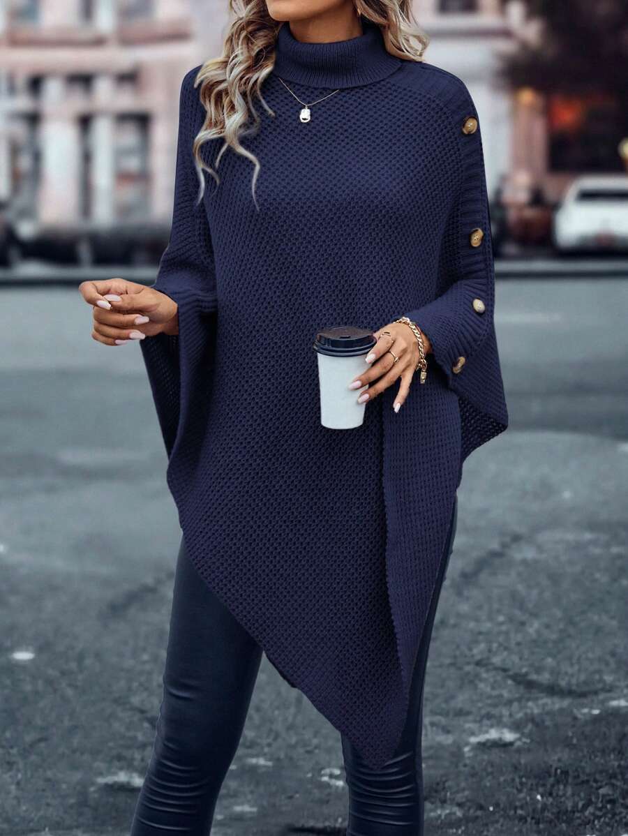 Stylish Solid Color Turtleneck Button Casual Sweater