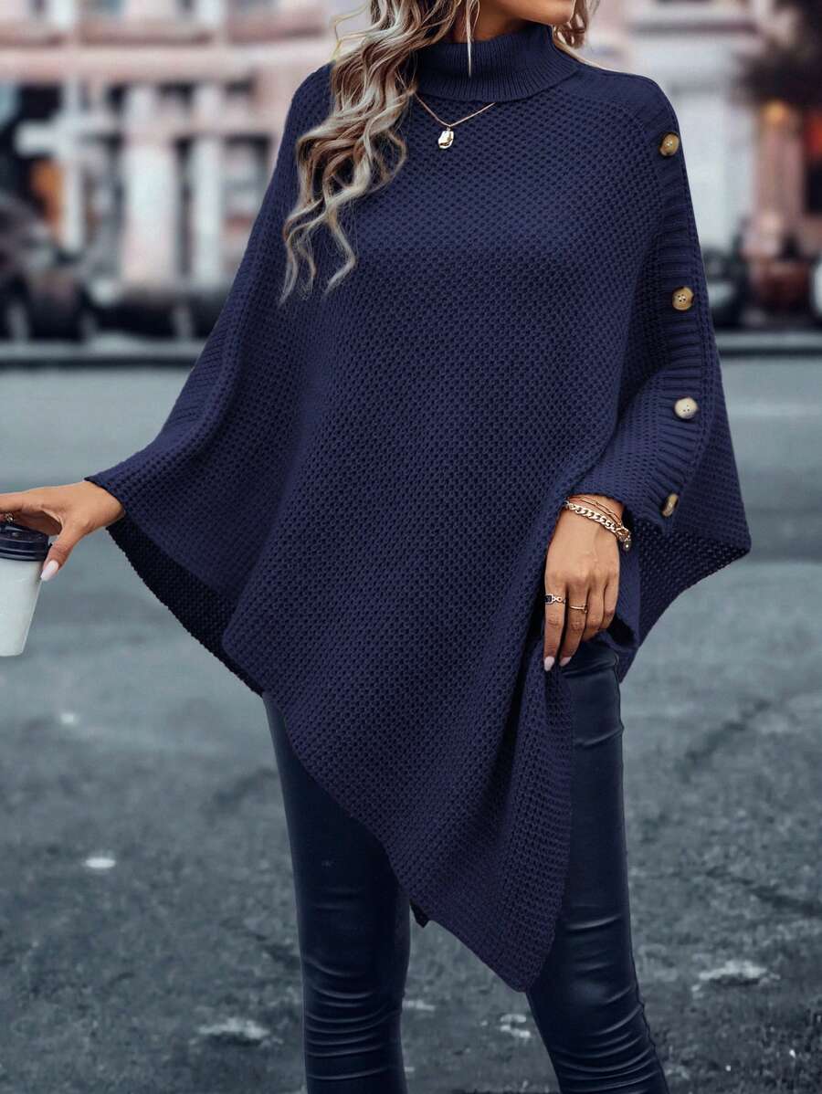 Stylish Solid Color Turtleneck Button Casual Sweater