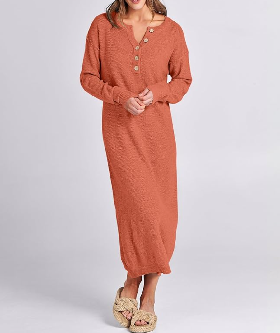 Long Sleeve Button Waffle Knit Fall Dress