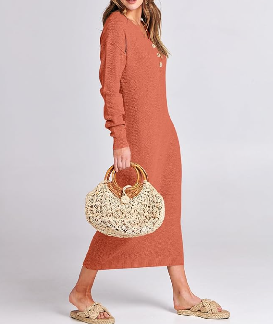 Long Sleeve Button Waffle Knit Fall Dress