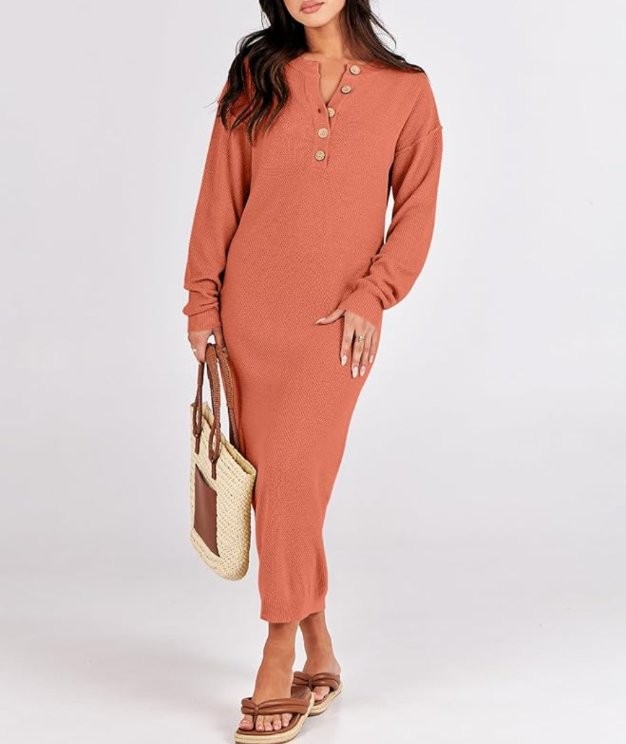 Long Sleeve Button Waffle Knit Fall Dress