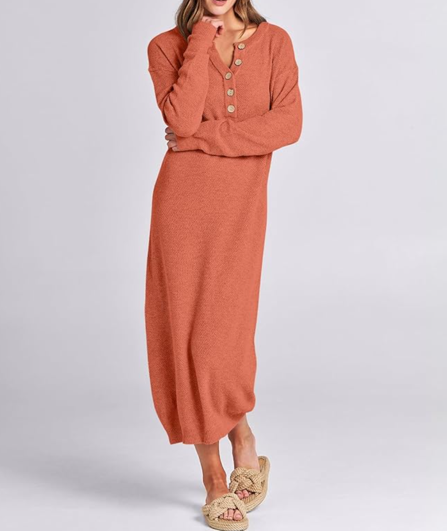 Long Sleeve Button Waffle Knit Fall Dress