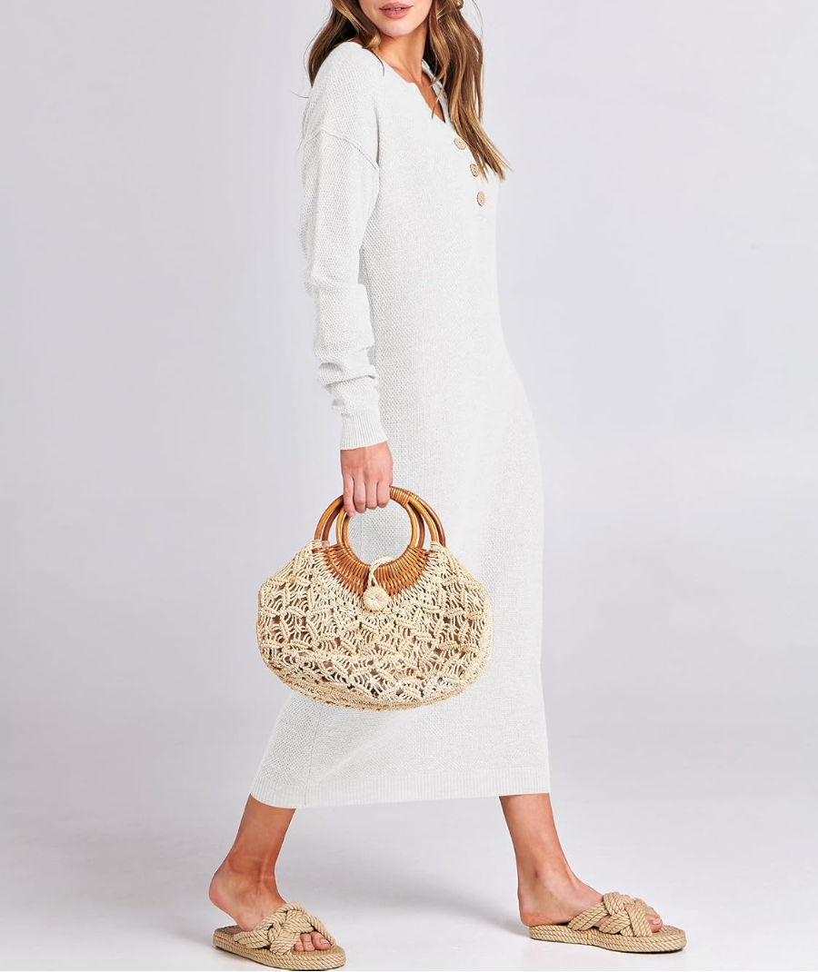 Long Sleeve Button Waffle Knit Fall Dress