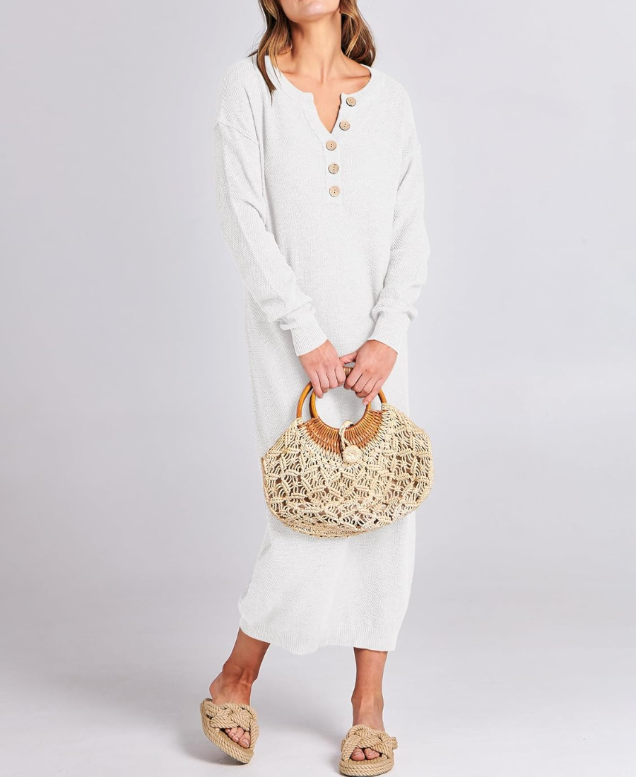 Long Sleeve Button Waffle Knit Fall Dress