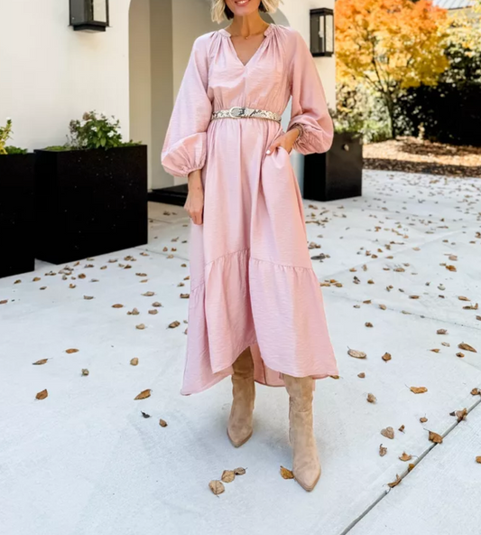 Popular Balloon Long Sleeve Tiered Midi Dress