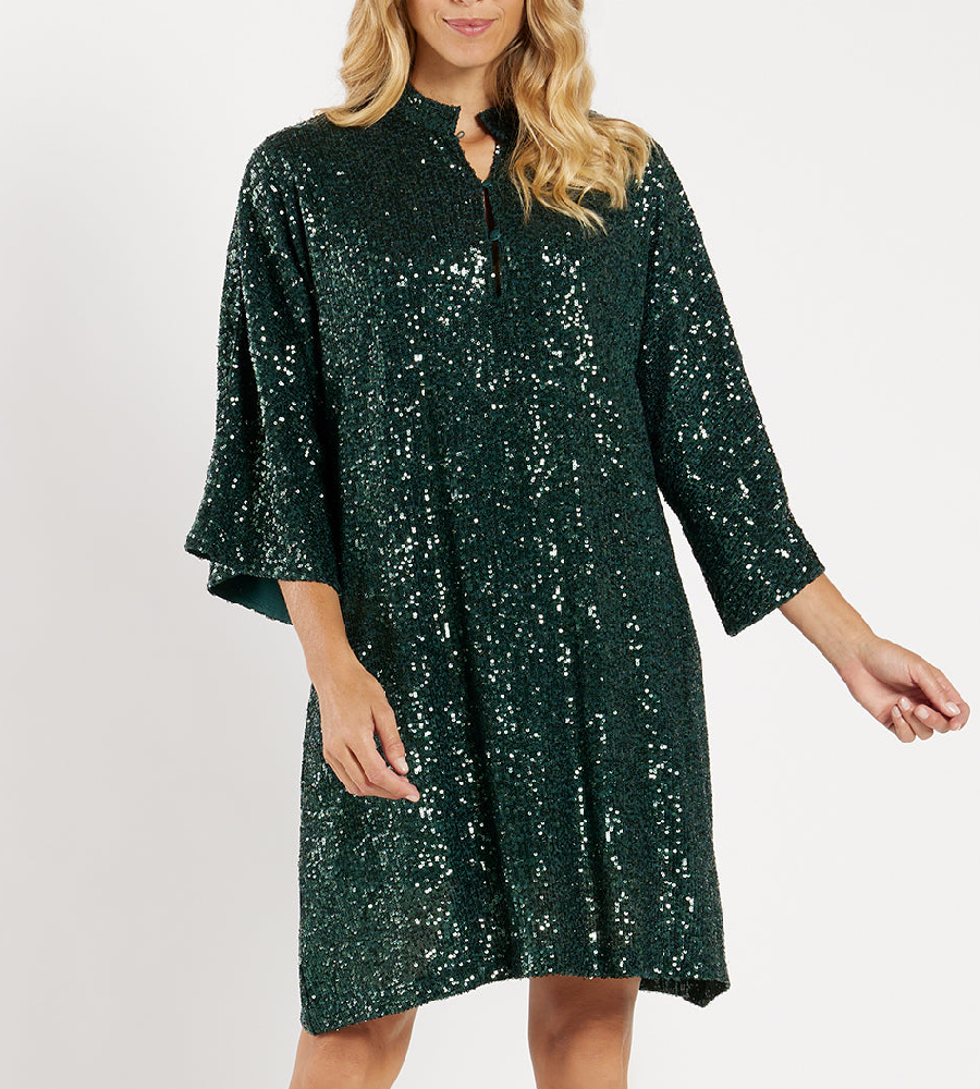 Stylish 3/4 Bell Sleeve Sequin Button Dress