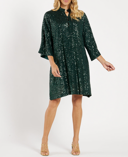 Stylish 3/4 Bell Sleeve Sequin Button Dress