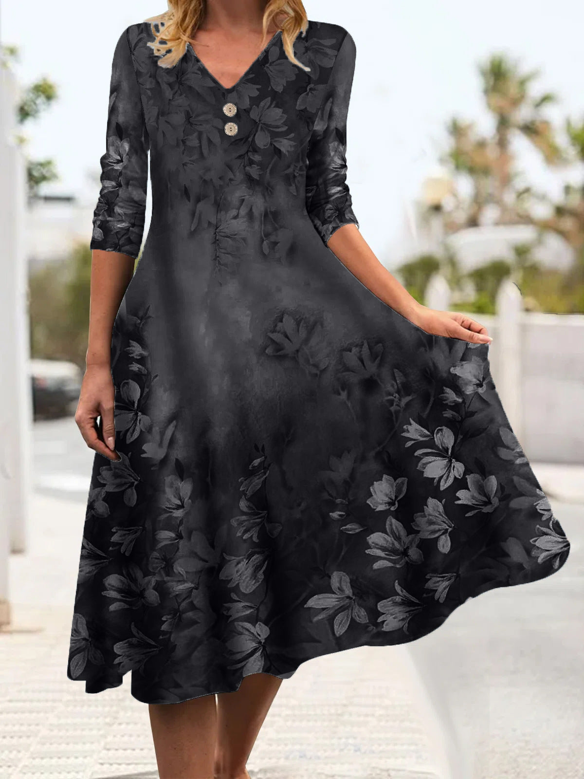 Holiday gradient floral loose midi Dress