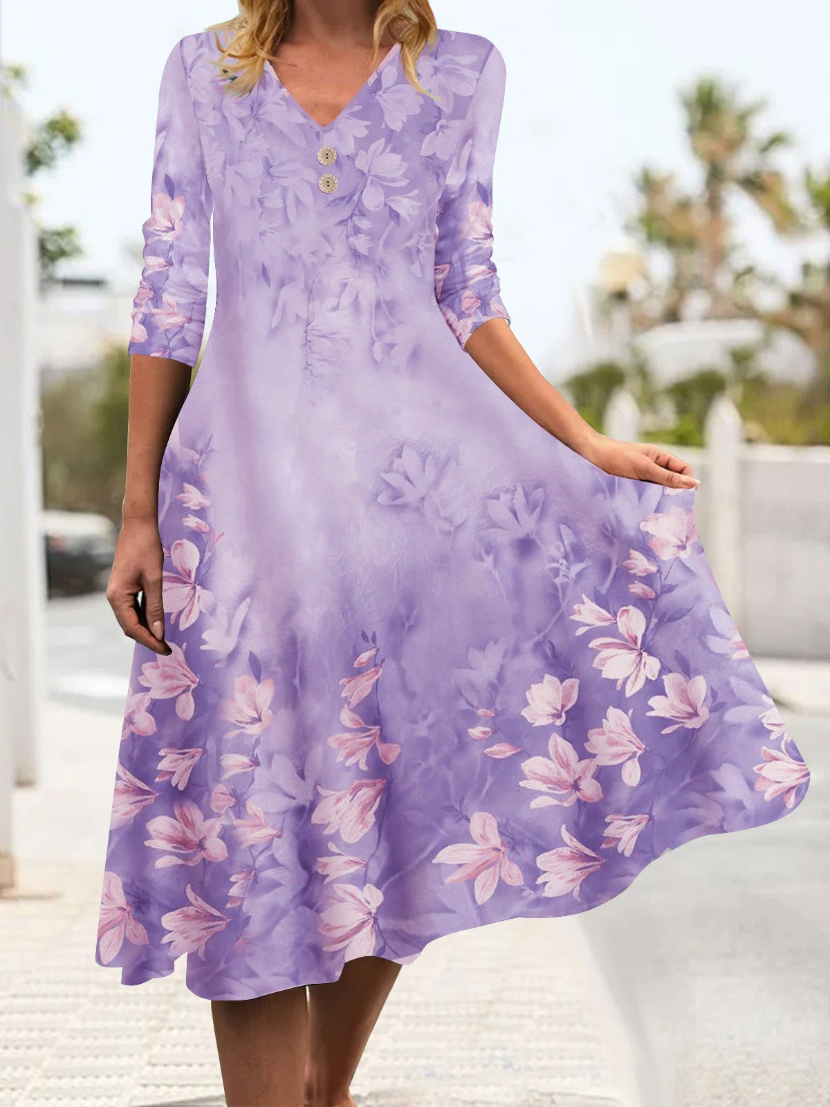 Holiday gradient floral loose midi Dress