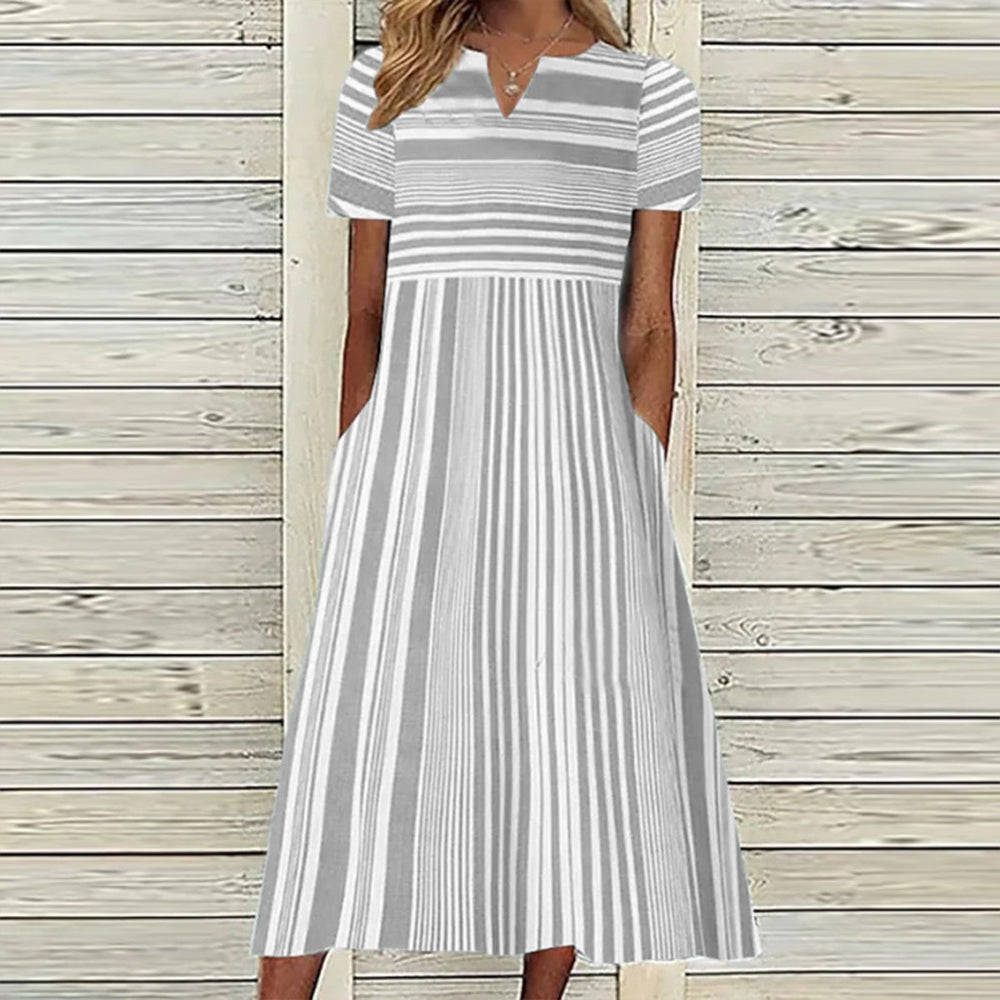 Irregular Stripe Printed V-neck Pocket Dress