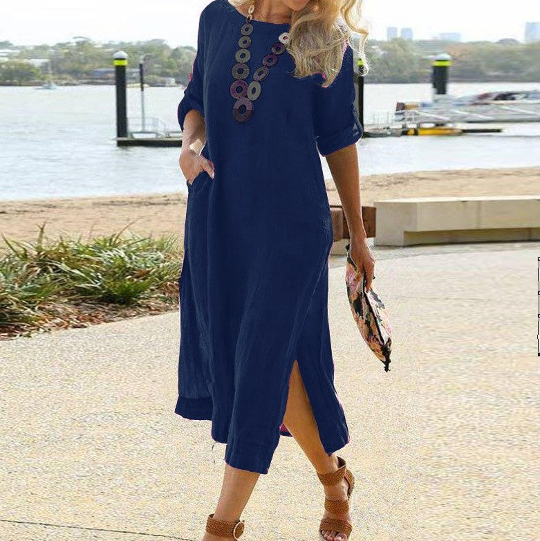 Solid Color Short Sleeve Round Neck Midi Casual Dress