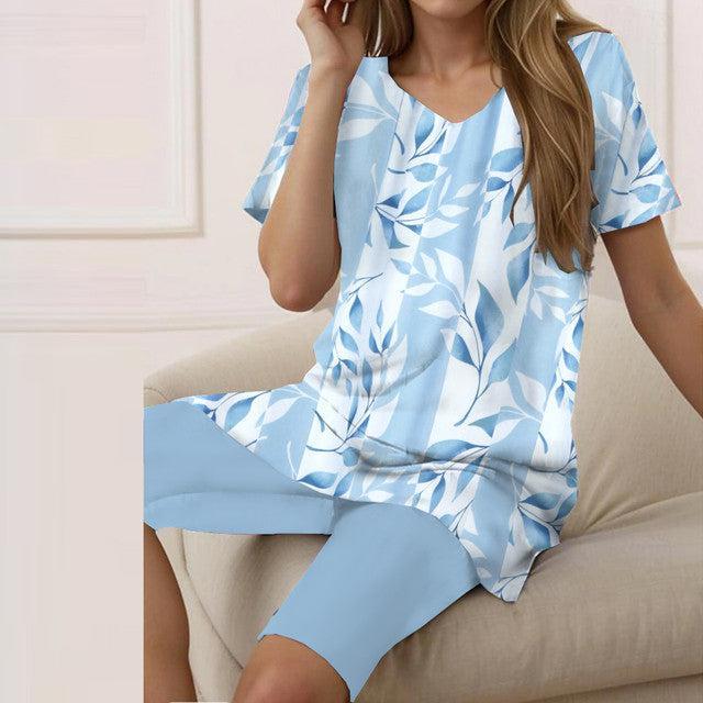 Chic Plant Print V-Neck Two Piece Set