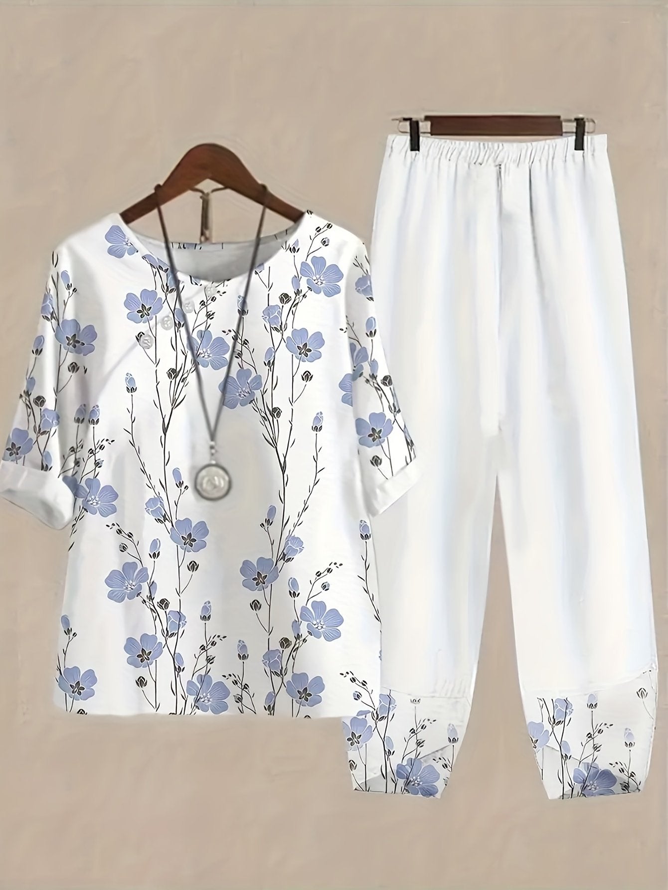 Floral Print Casual Round Neck Two Piece Set