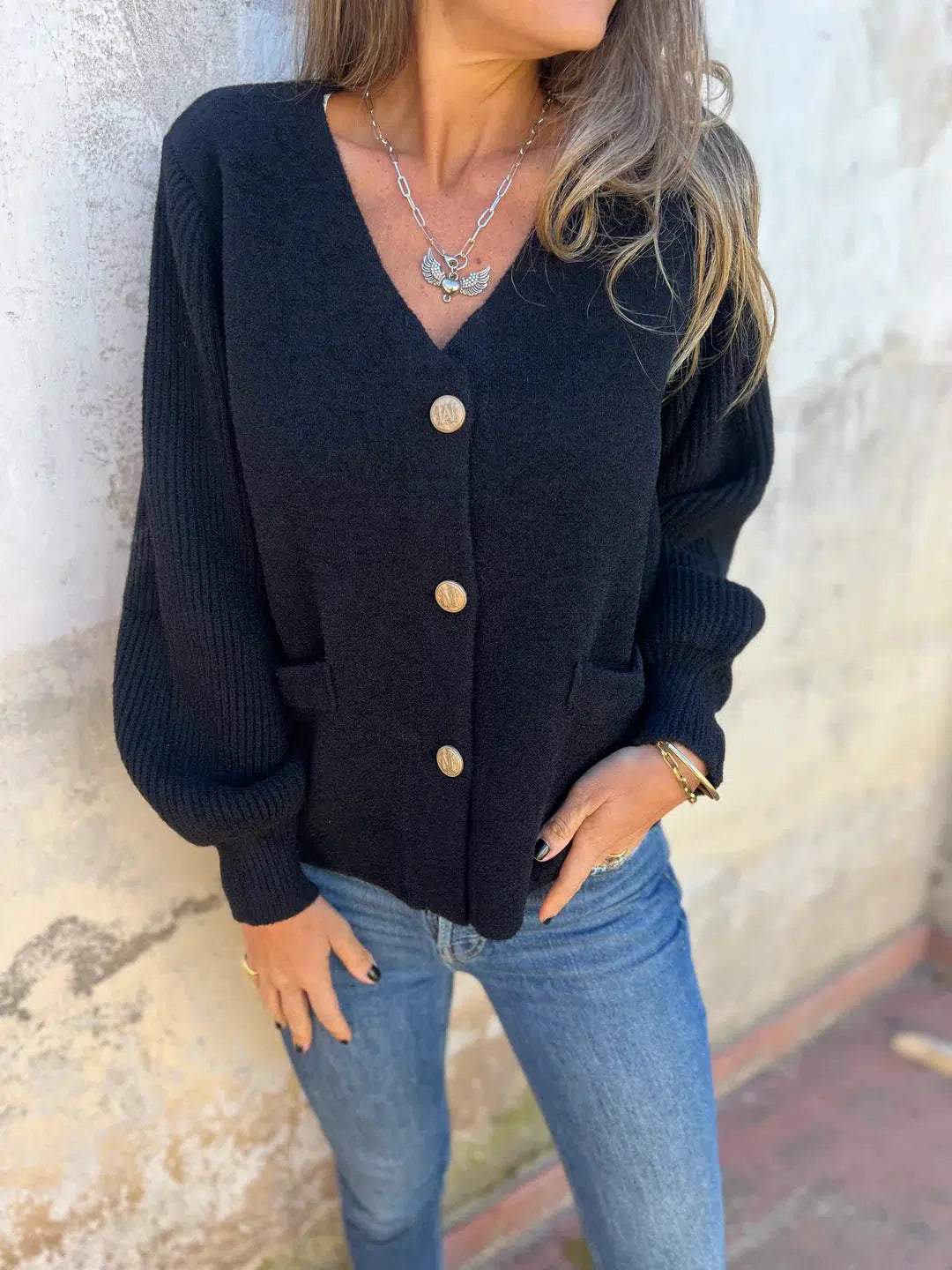 Black Plain V-Neck Long Sleeve Sweater