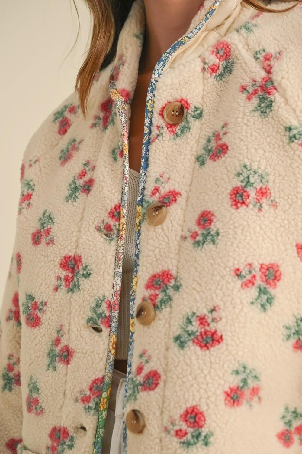 Trendy Floral Print Fleece Button Jackets