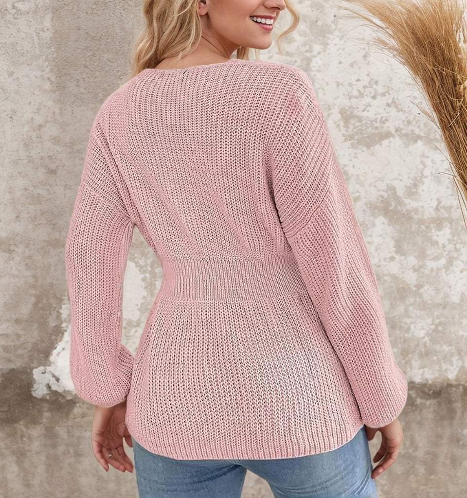 Sweet Pink Plain Notched Neck Long Sleeve Sweater