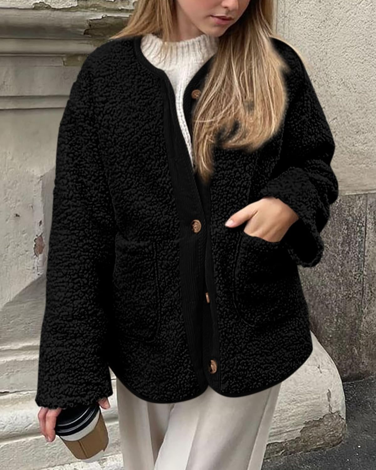 Casual Fuzzy Fleece Long Sleeve Button Jacket