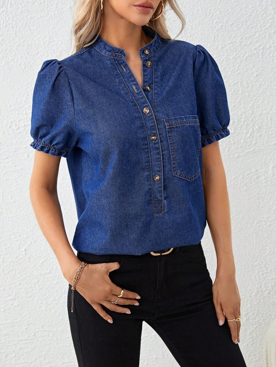 Chic Denim Short Sleeve Plain Top