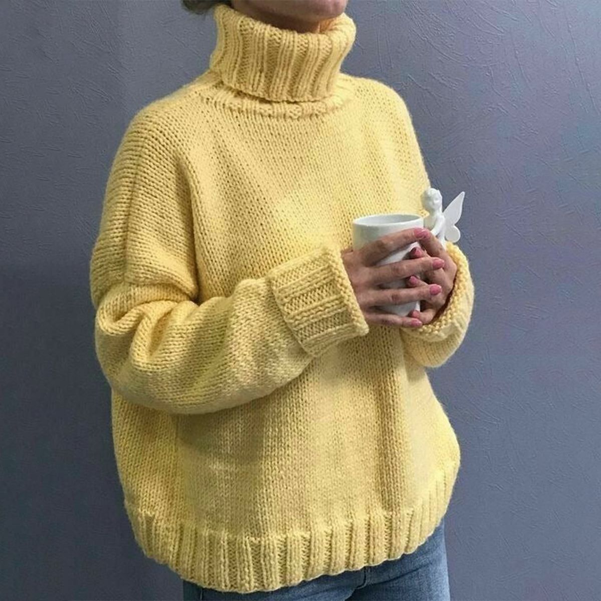 Yellow Plain High Neck Long Sleeve Sweater