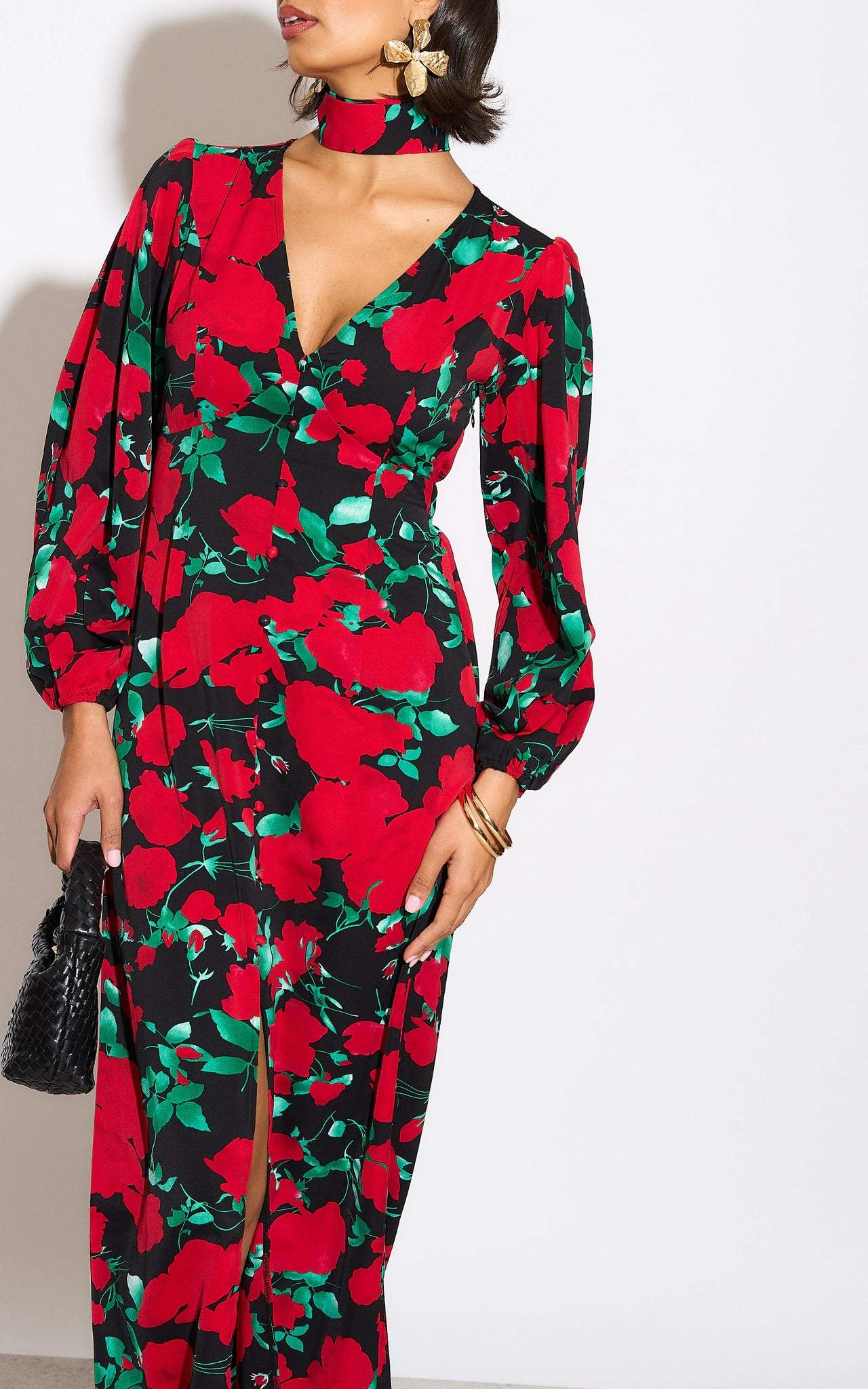 Red Floral V Neck Button Maxi Dress