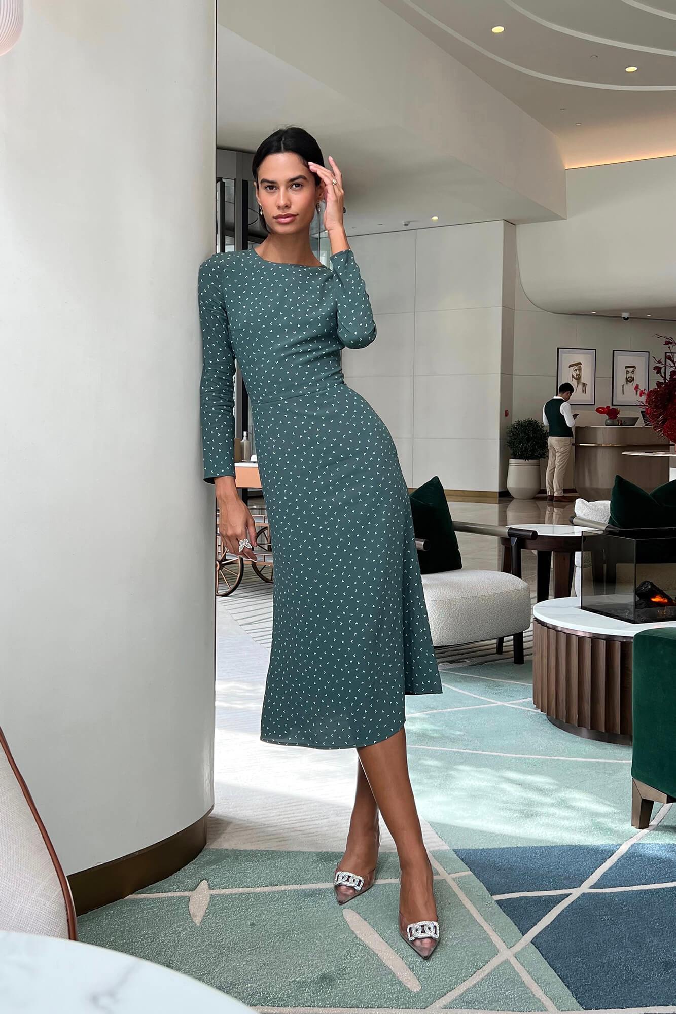 Godet Silhouette Long Sleeve Midi Dress