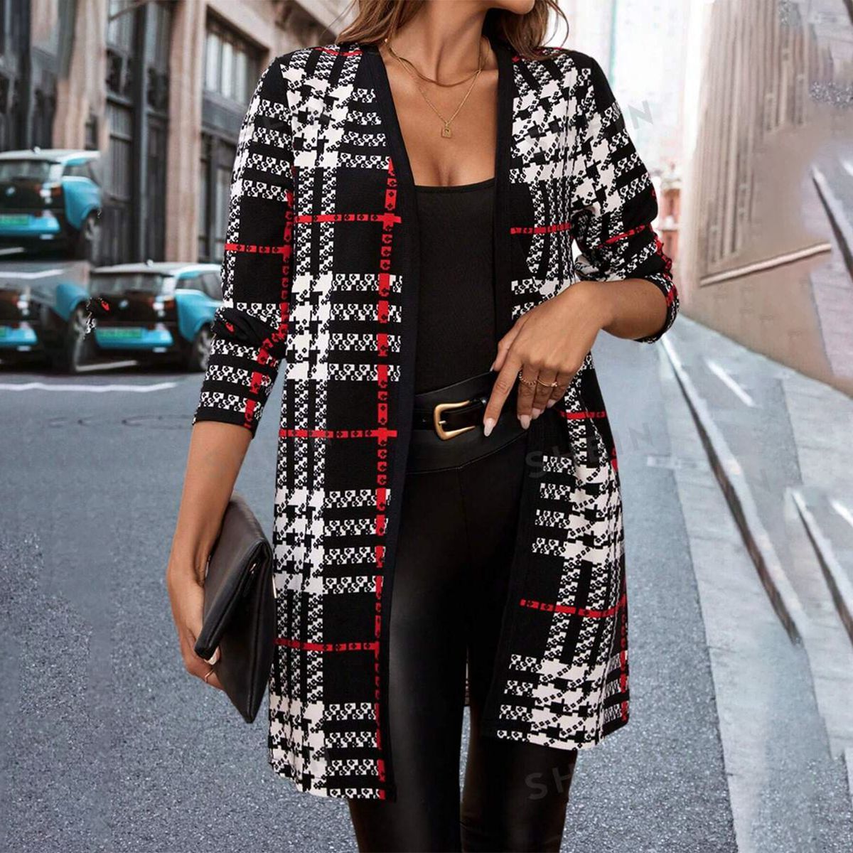 Black and White Plaid Long Sleeve Outerwear