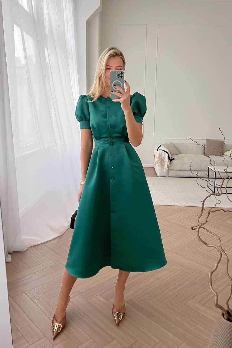 Solid Color Short Sleeves Button Front Midi Dress