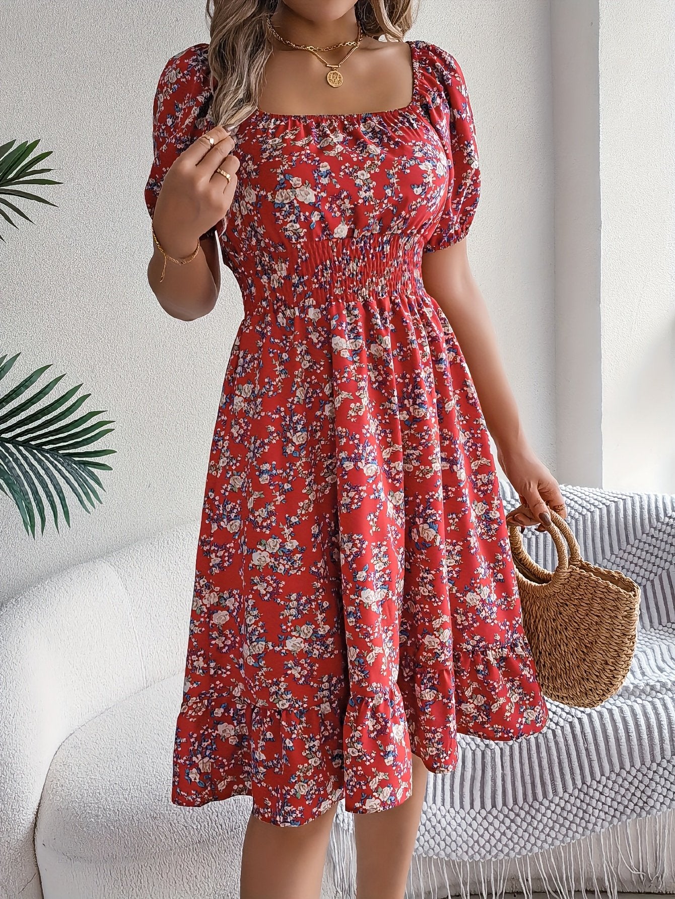 Floral Print Square Neck Midi Dress