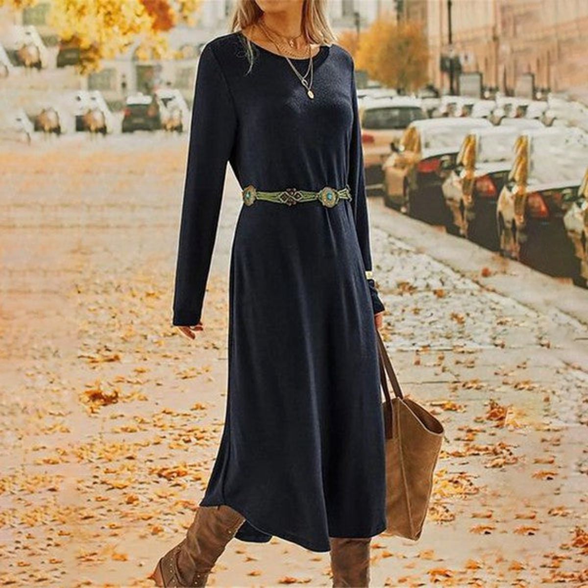 Simple Long Sleeve Plain Midi Dress