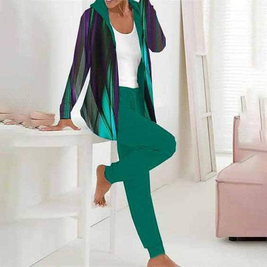 Green Hoodie Long Sleeve Two Piece Set