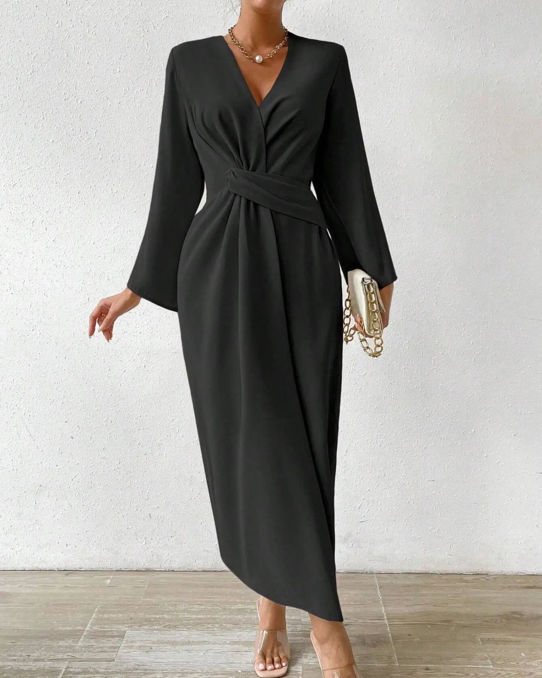 Elegant Long Sleeve Plain Maxi Dress