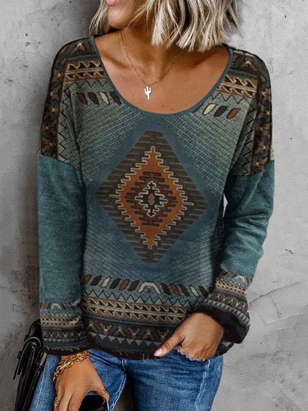 Classy Round Neck Print Long Sleeve Top