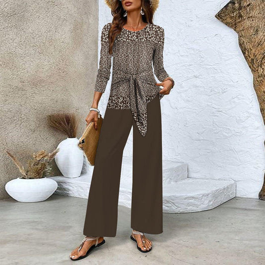 Brown Print Round Neck Two Piece Set