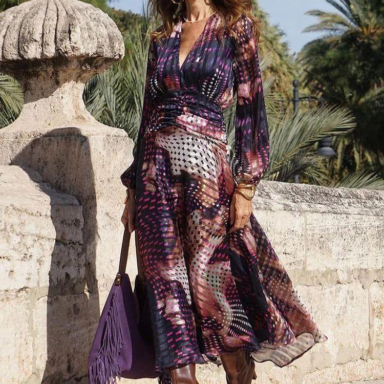 Elegant Multicolor Long Sleeve Maxi Dress