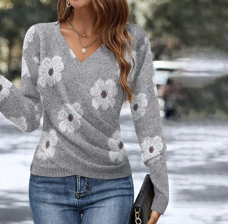 Grey Floral Print V-Neck Long Sleeve Sweater