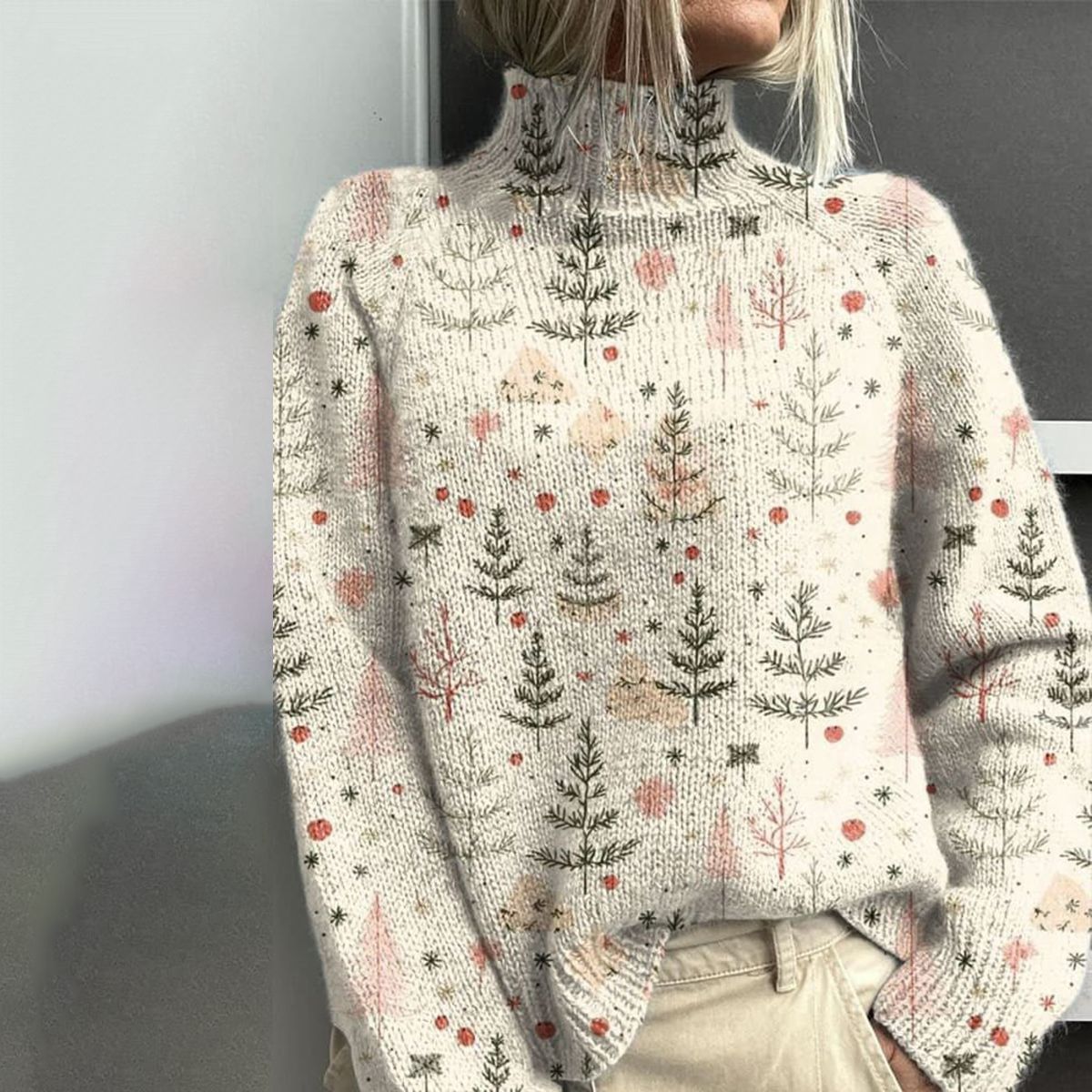 Elegant Plant Print High Neck Long Sleeve Sweater