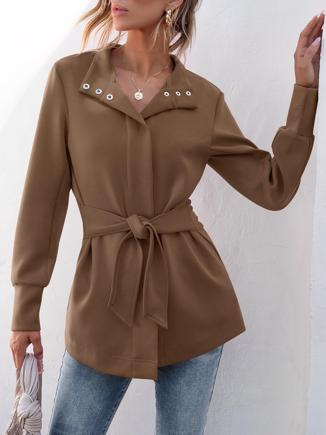 Trendy Button Up Belted Long Sleeve Coat